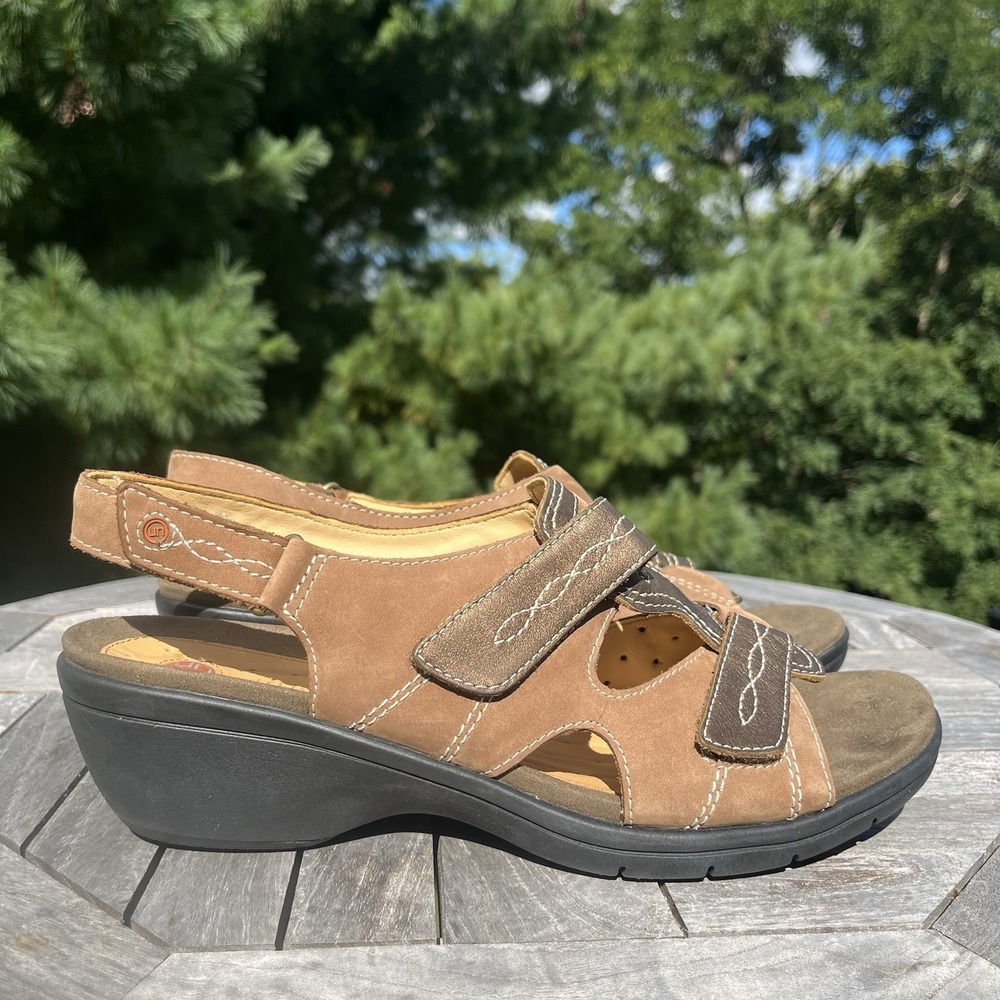 Clarks Unstructured Sandals Size 11 Leather Brown Hook & Loop Heel Strap Comfort
